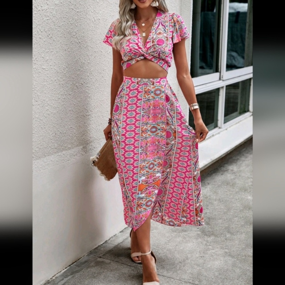 Vibrant Pink Geometric Midi Skirt